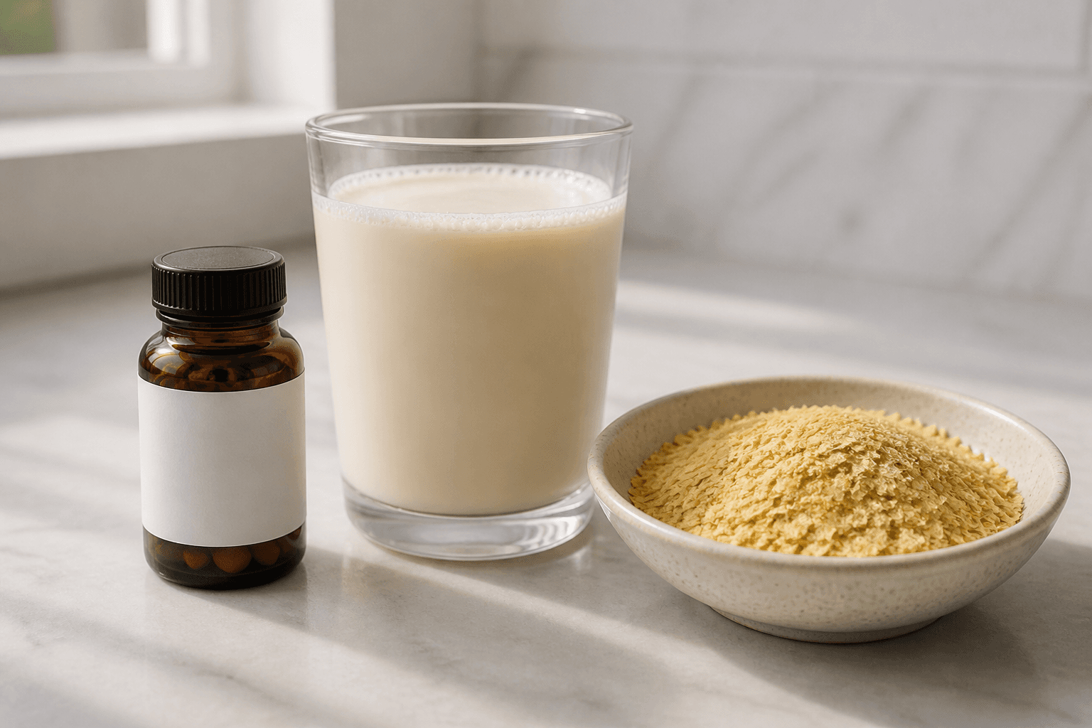 B12 for vegan runners: fortified soy milk, nutritional yeast, and a supplement beside running shoes, plantbaes.net