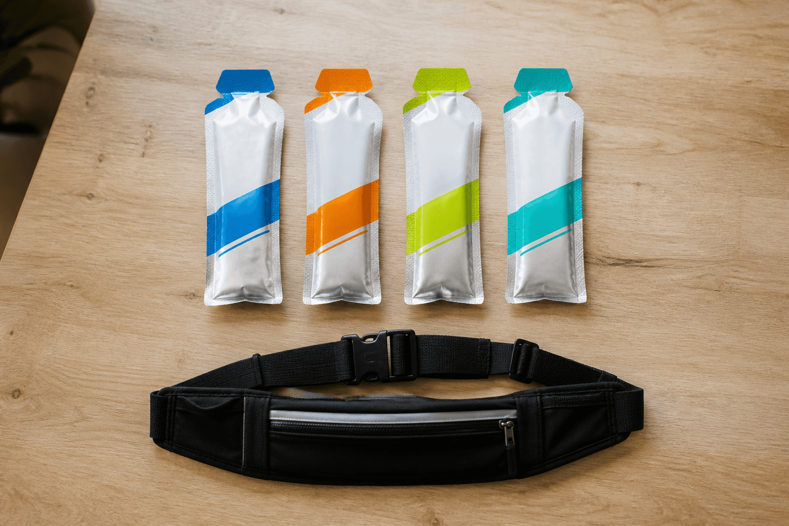 Status-checked vegan energy gels on a kitchen counter with a race belt, plantbaes.net