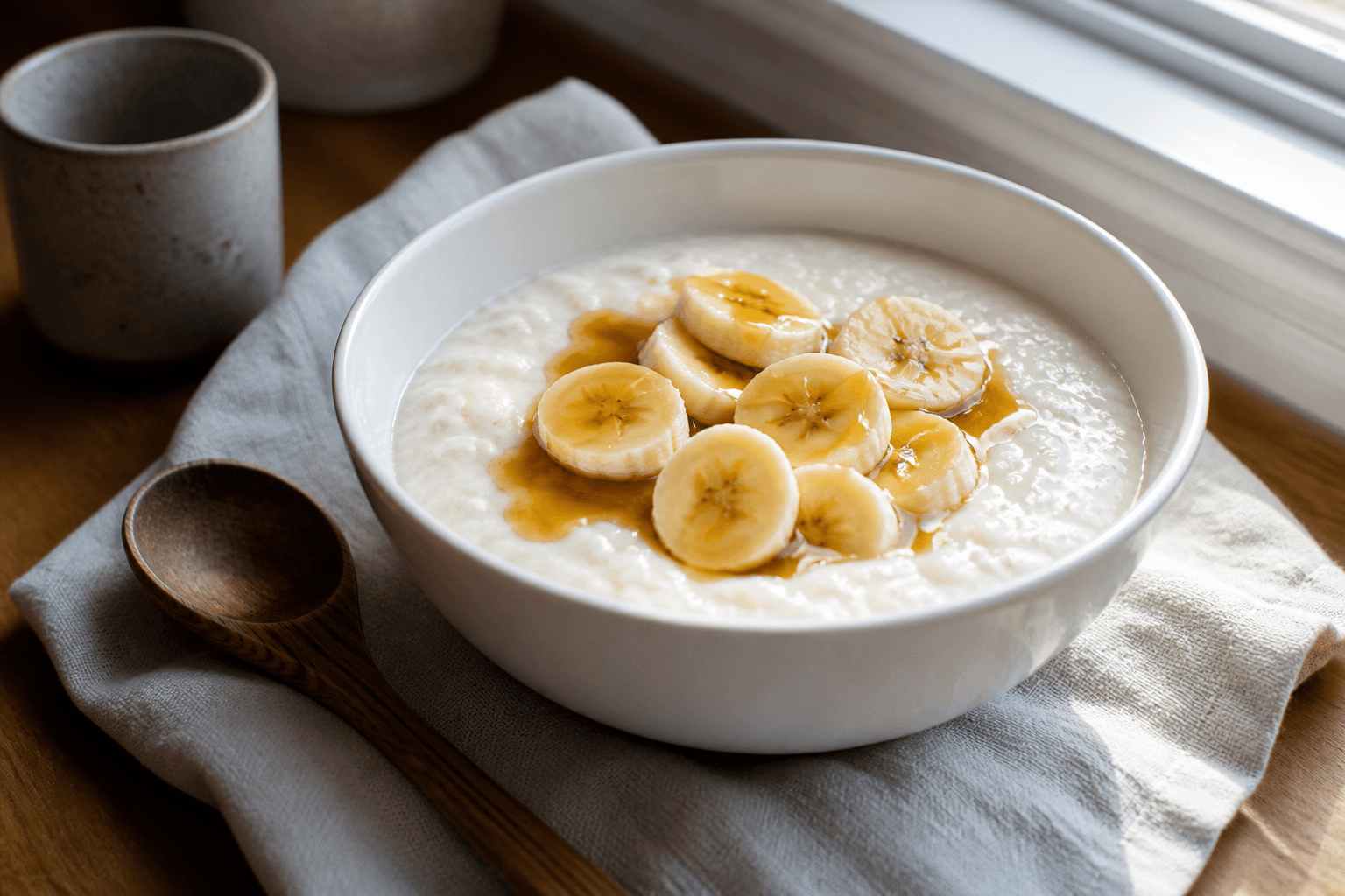 Bowl of cream of rice with maple syrup and banana for a vegan runner, plantbaes.net