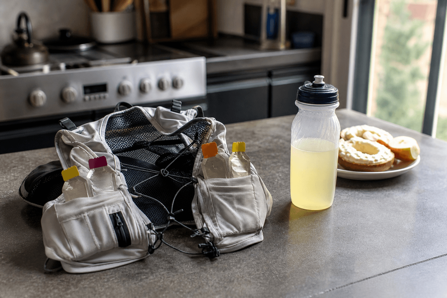 Plant-based runner practising gels and a drink mix on a long run, plantbaes.net