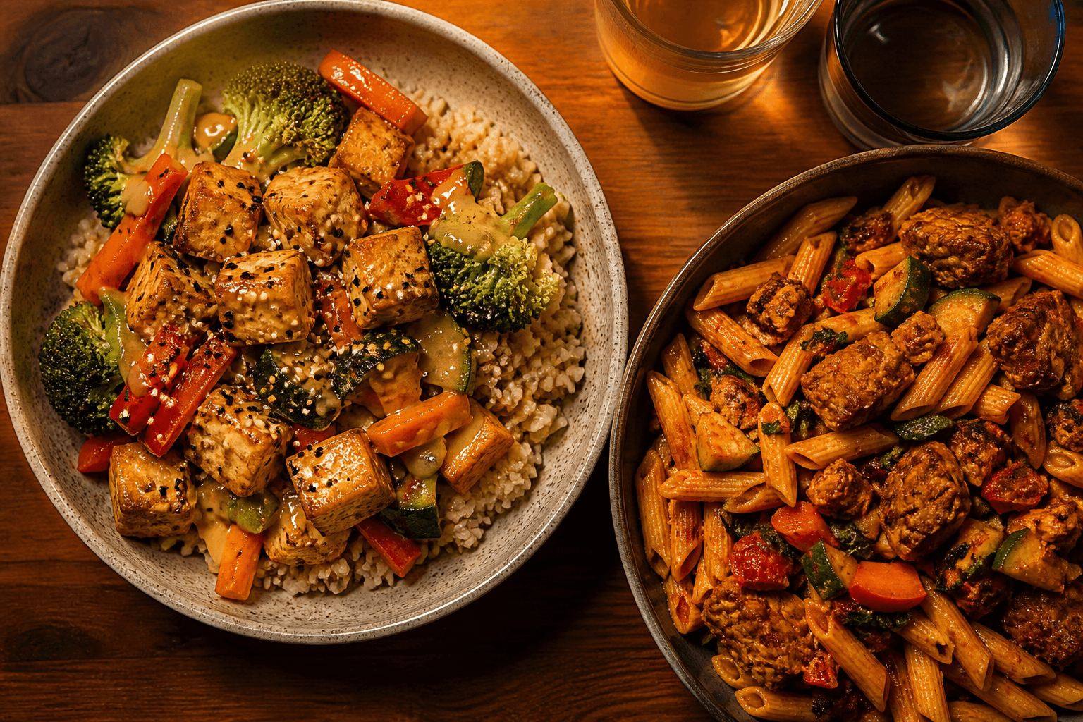 High-carb plant-based dinner bowls for runners with rice, tofu, and vegetables, plantbaes.net