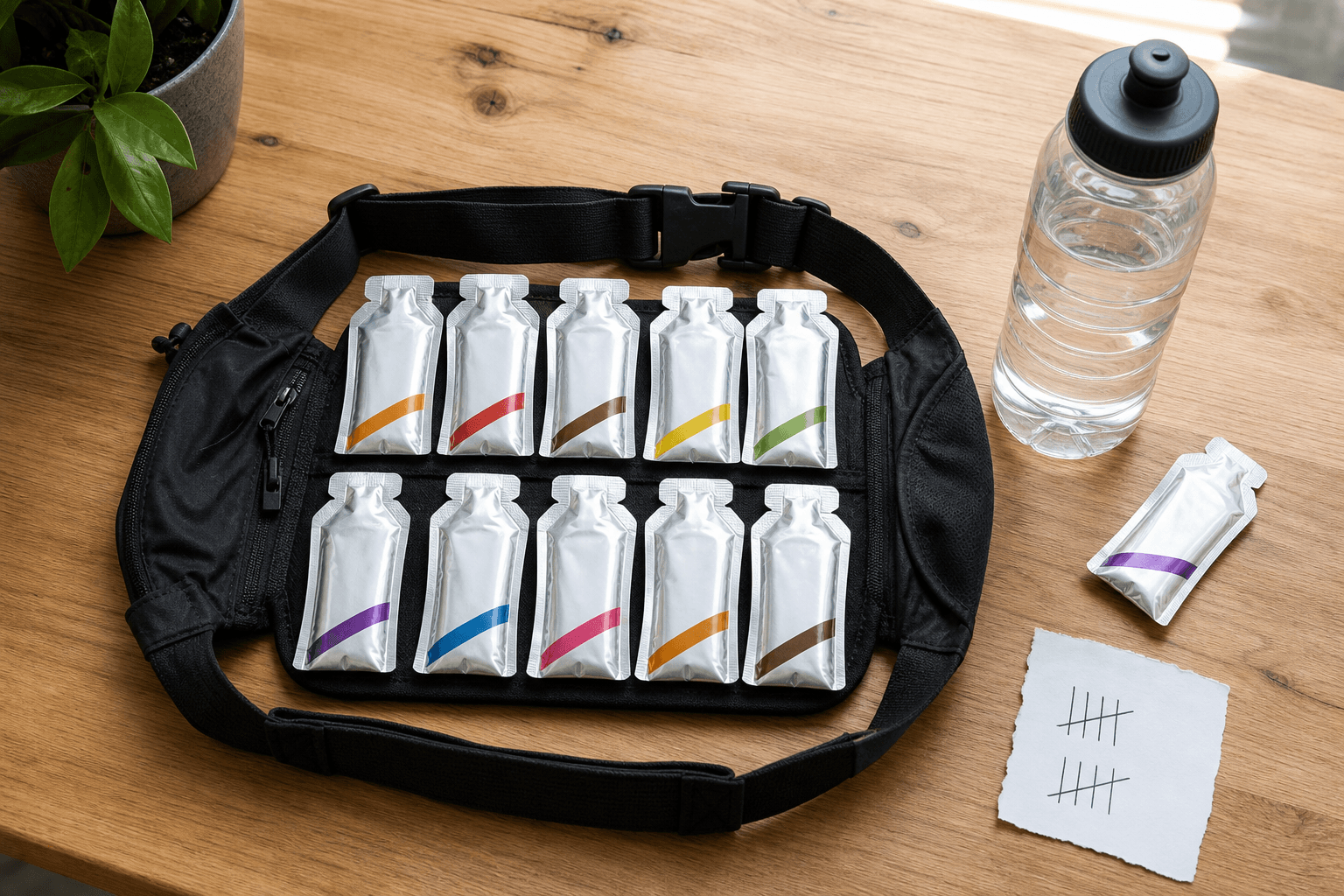 Counted vegan marathon gels in a race belt next to a water bottle, plantbaes.net