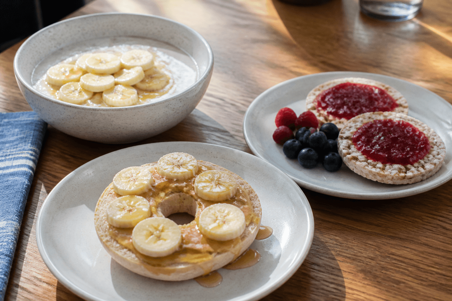 Low-fiber vegan pre-run breakfasts: white bagel, banana, and maple syrup, plantbaes.net