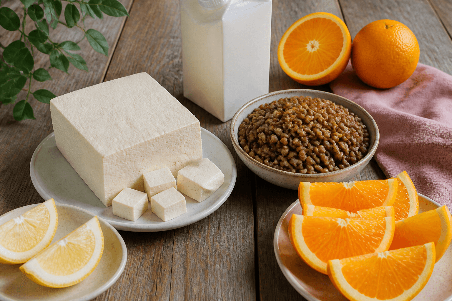 Plant-based iron and B12 foods for runners with tofu, lentils, fortified soy milk, and citrus, plantbaes.net