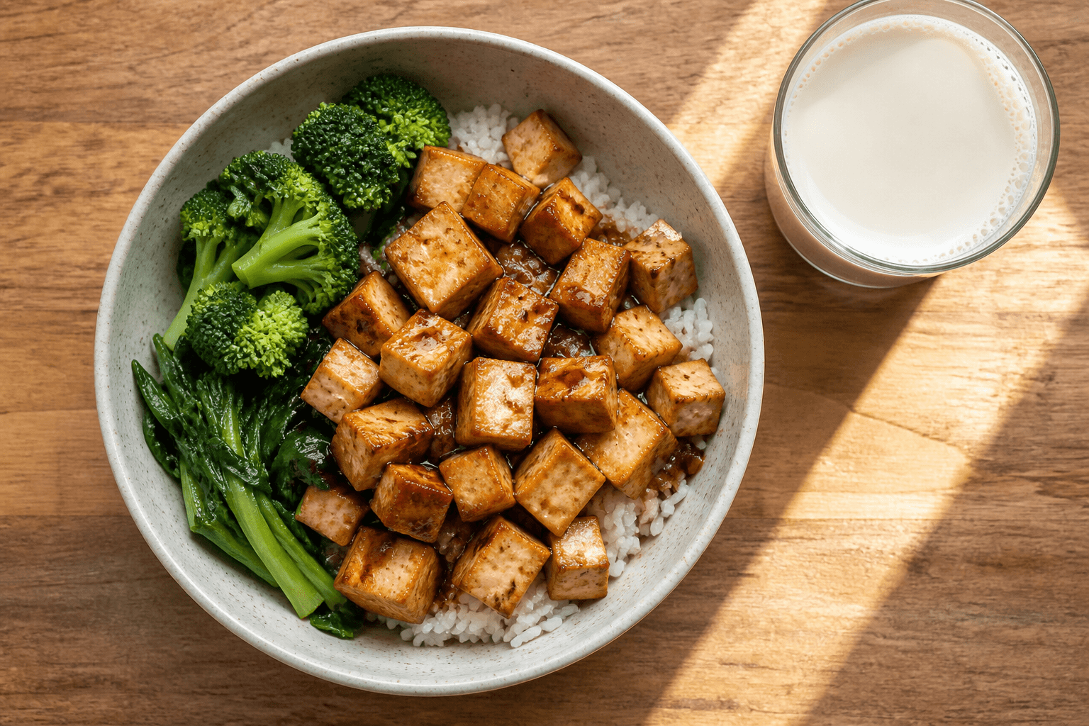 Plant-based protein for runners: firm tofu, fortified soy milk, and tempeh with rice, plantbaes.net