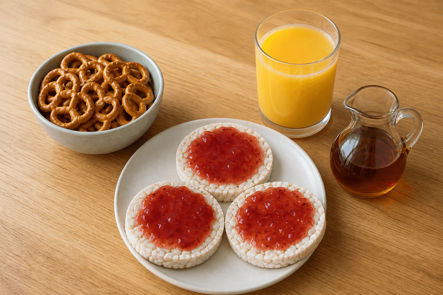 Low-fiber vegan carb-loading snacks: pretzels, rice cakes, juice, and maple, plantbaes.net