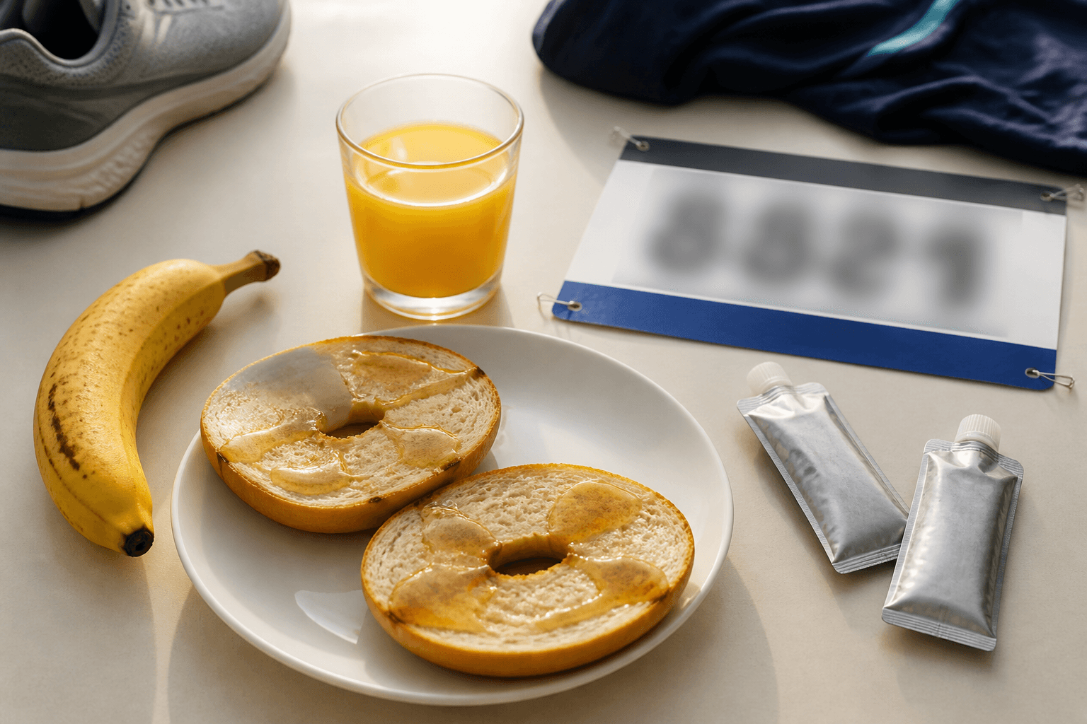 Vegan half marathon breakfast of bagel and maple with two gels beside a race bib, plantbaes.net