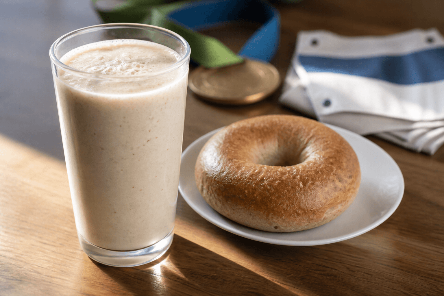 Vegan post-marathon recovery smoothie with soy milk, banana, and maple, plantbaes.net