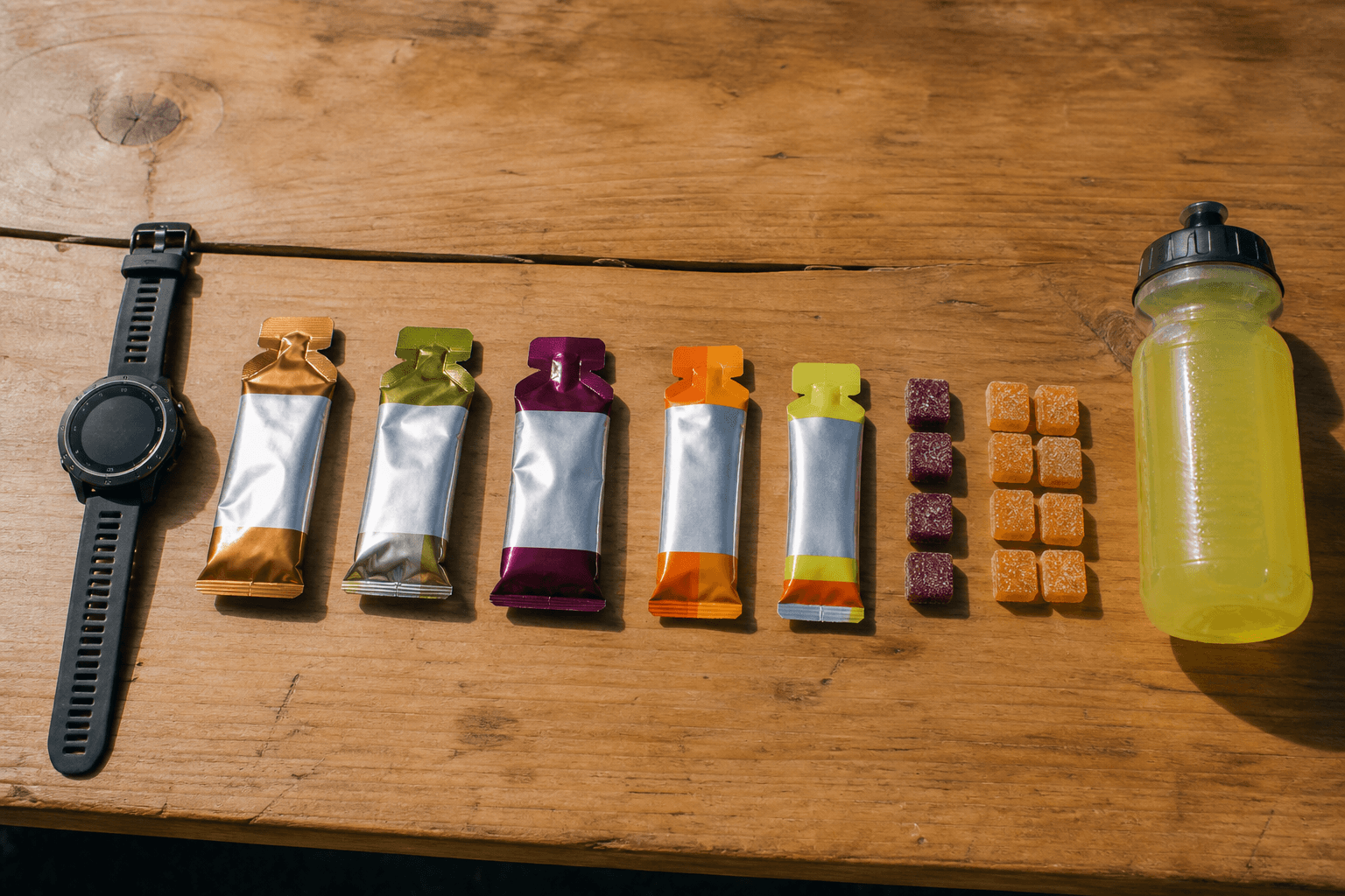 Vegan marathon race-day fueling belt with Maurten and Neversecond gels on a table, plantbaes.net