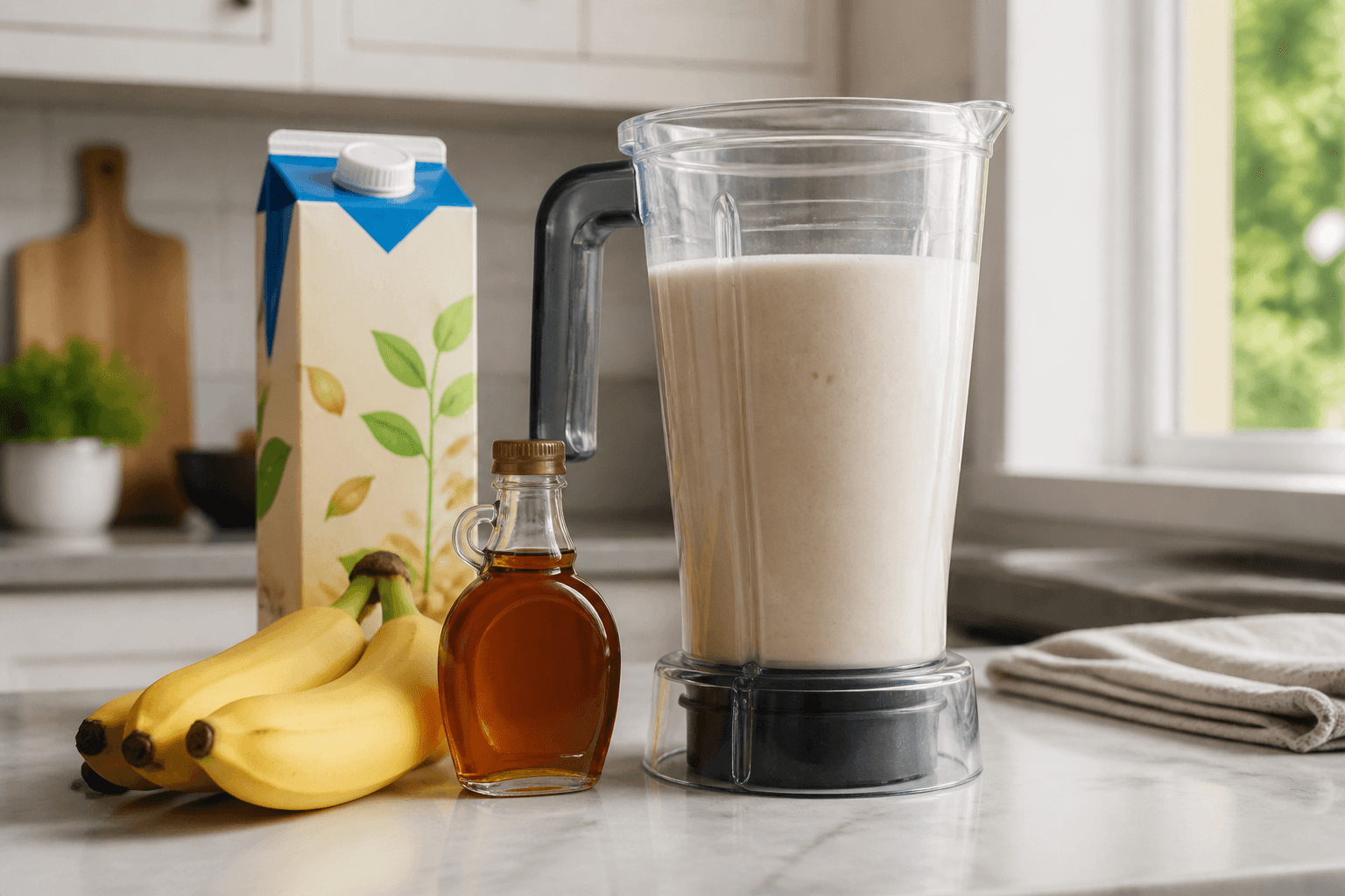 Vegan long-run recovery smoothie with soy milk, banana, and maple in a kitchen blender, plantbaes.net