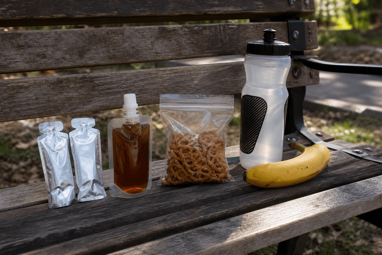 Plant-based long-run fueling: gels, maple, pretzels, and a bottle on a park bench, plantbaes.net