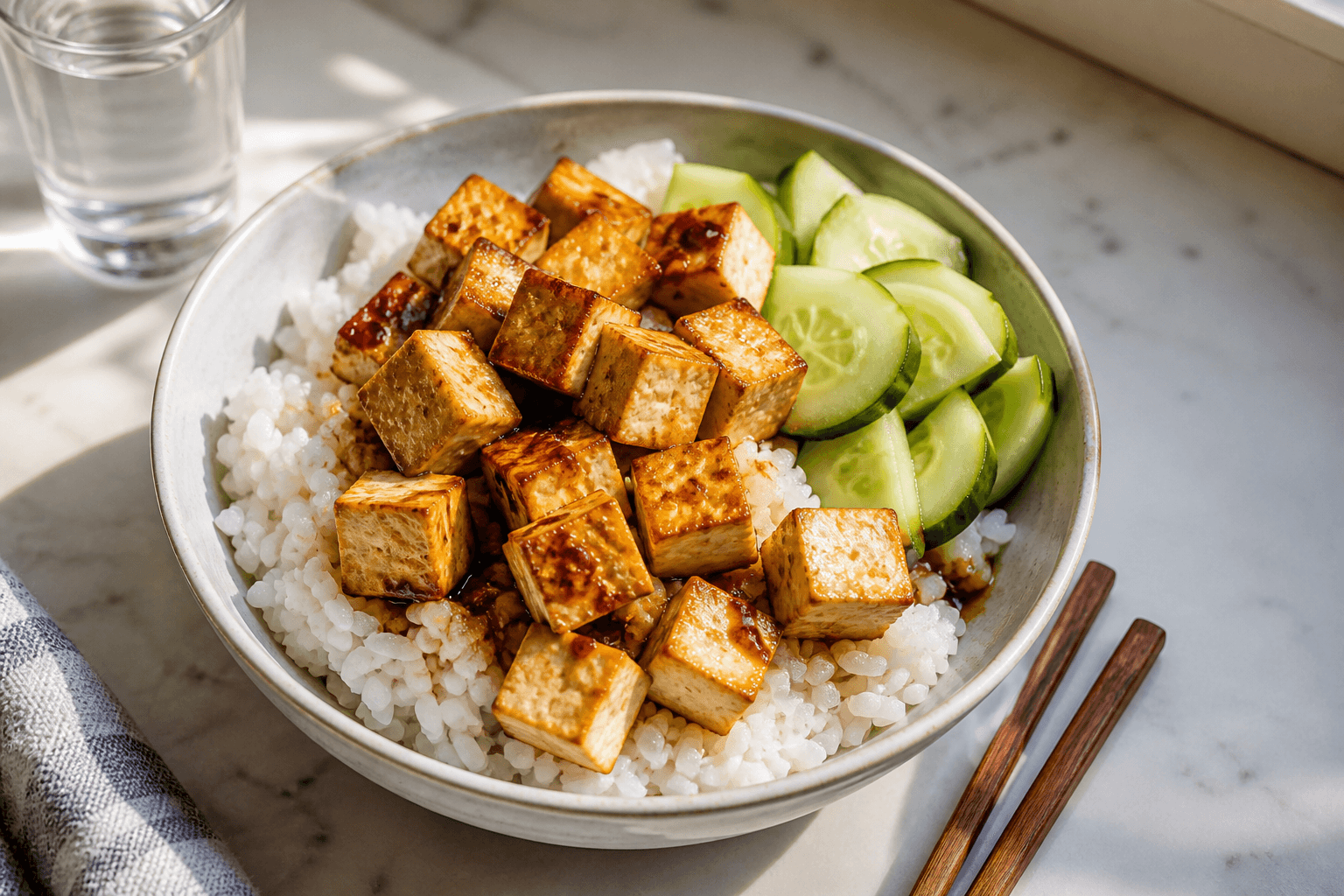 White rice and tofu bowl for vegan race-week lunch with soy sauce, plantbaes.net
