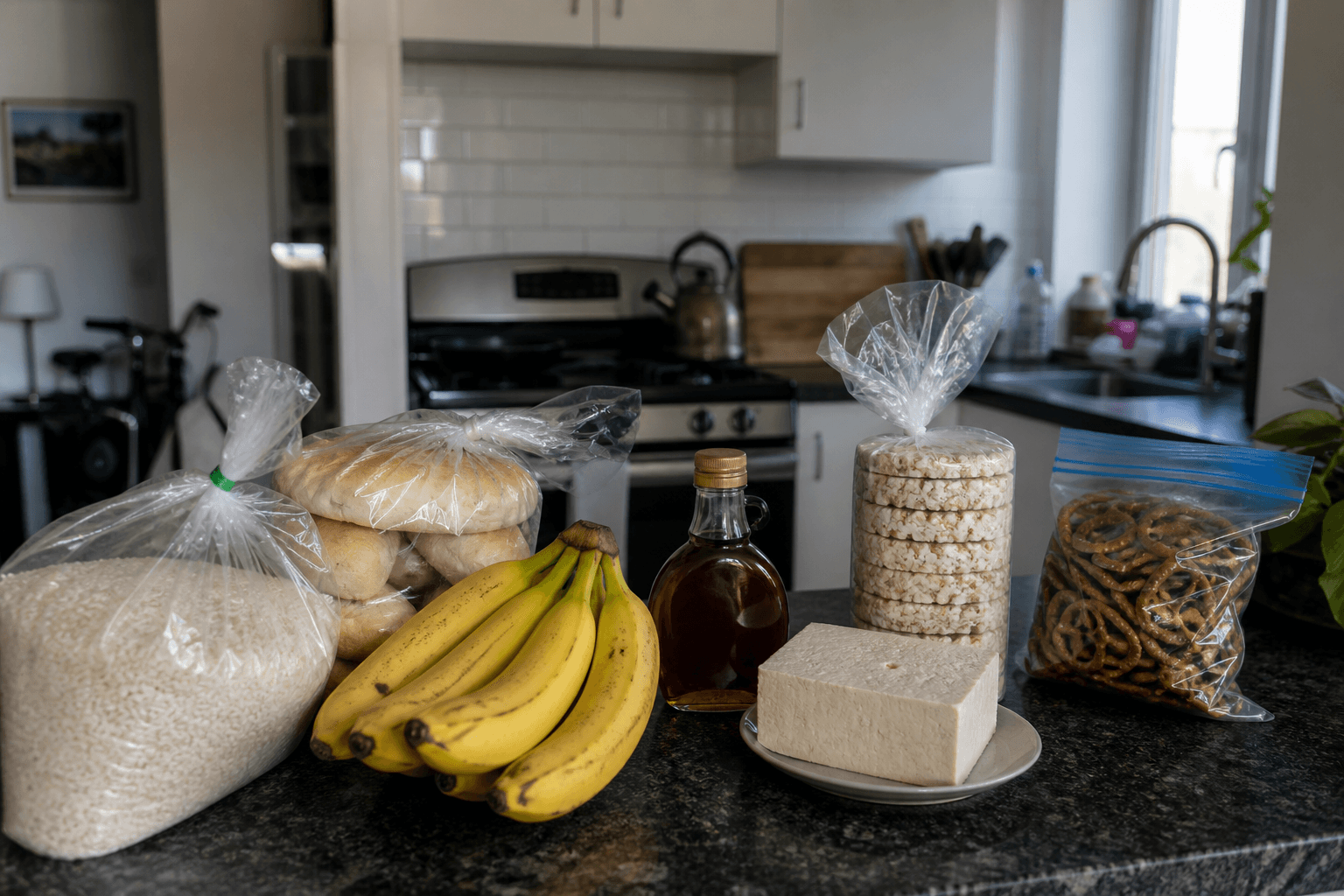 Three-day plant-based marathon menu of white rice, bagels, tofu, and juice on a kitchen counter, plantbaes.net