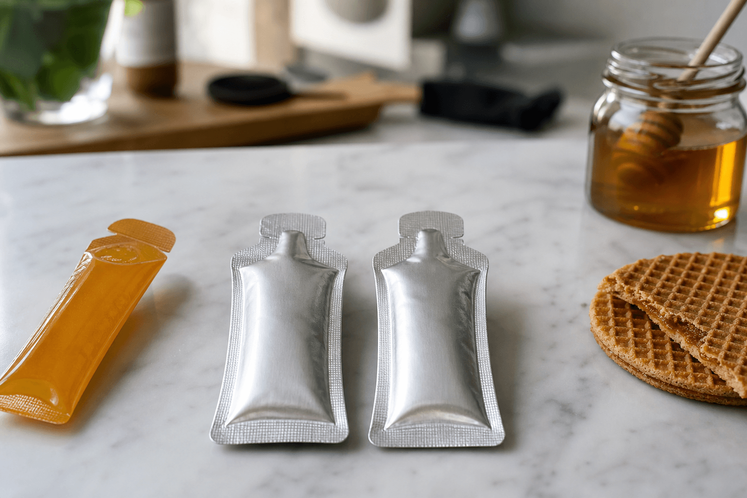 Honey Stinger gel packet set aside next to manufacturer-confirmed vegan gels, plantbaes.net