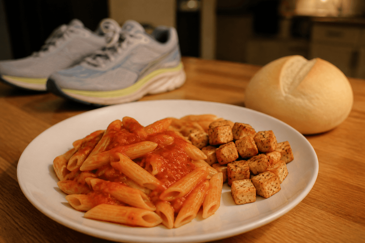 Low-fiber plant-based taper week meals of white rice, tofu, and bagels beside running shoes, plantbaes.net