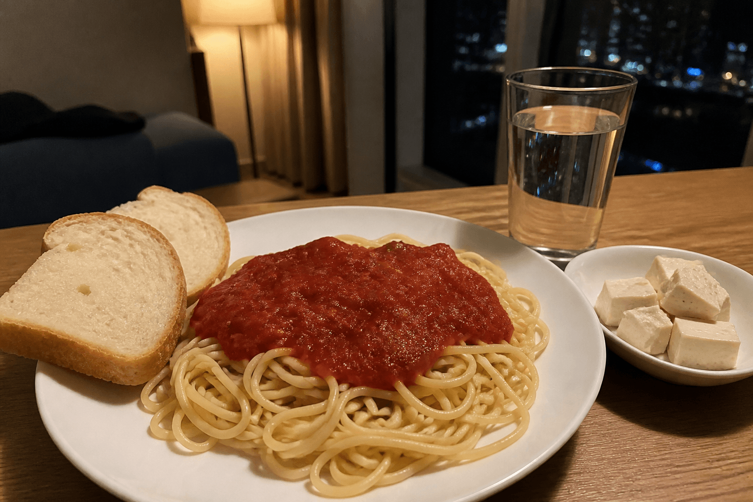 Night-before vegan marathon dinner of white pasta, tofu, and a dinner roll on a restaurant table, plantbaes.net