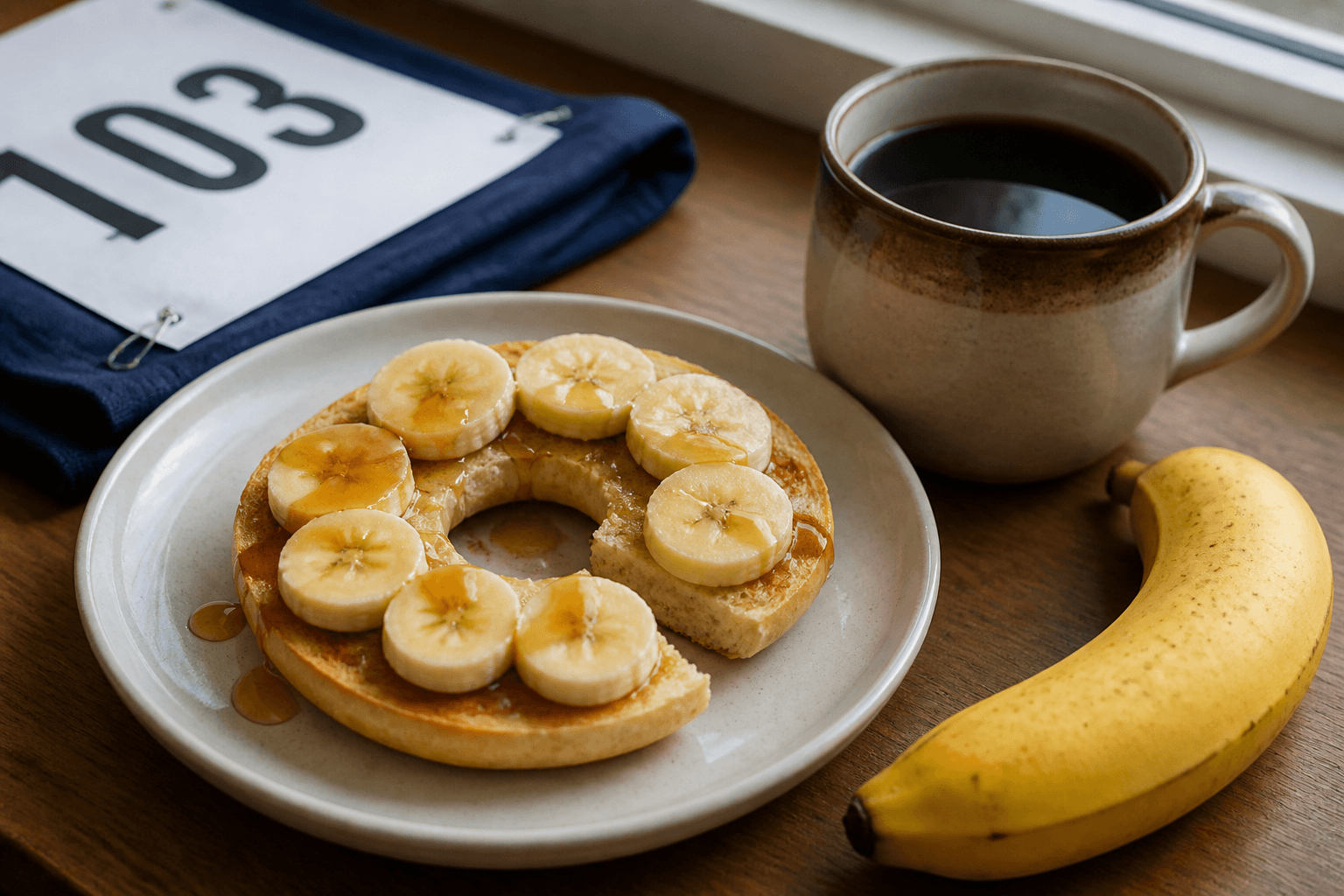 Vegan race-day breakfast of white bagel, banana, and maple syrup timed before a marathon start, plantbaes.net